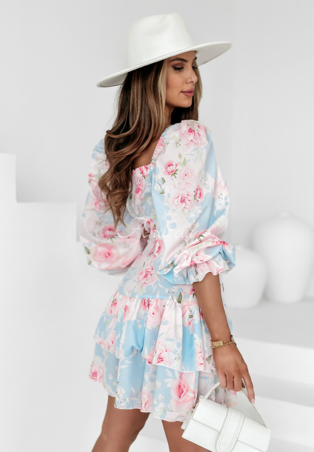 Off-Shoulder-Kleid mit Blumenmuster Enchanted Blooms hellblau-rosa