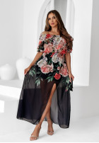 Kwiecista sukienka Kleid im spanischen Stil z rozcięciem Promise Me Flowers Schwarz