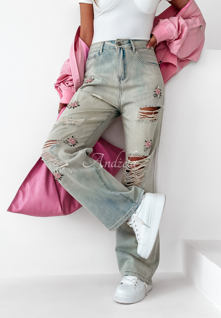 Wide leg Jeans mit Abschürfungen Rose Drops hellblau