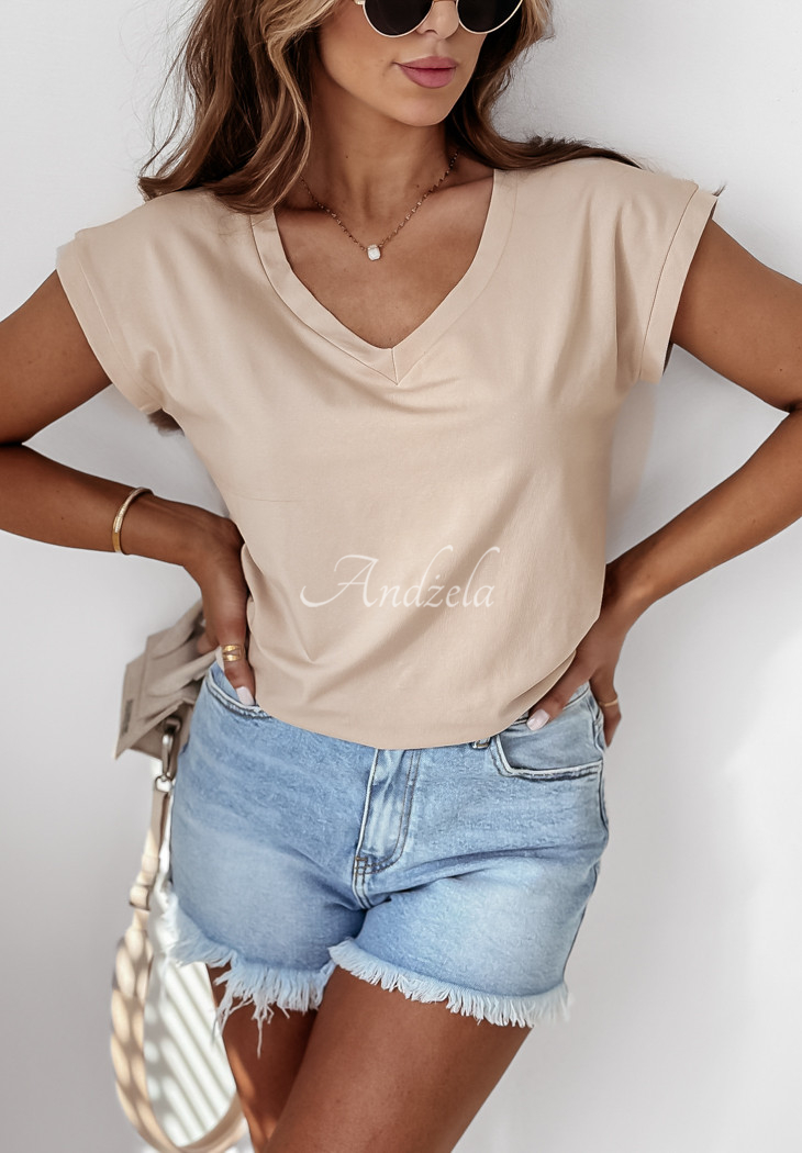 Beige cotton V-neck T-shirt