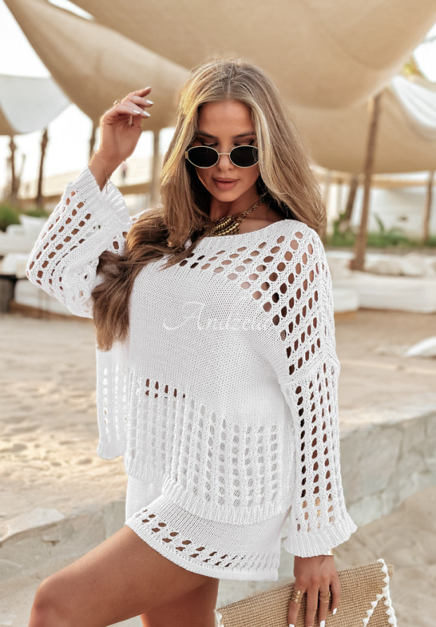 Gestricktes Set Pullover und Shorts boho Sunrise Palm Weiß