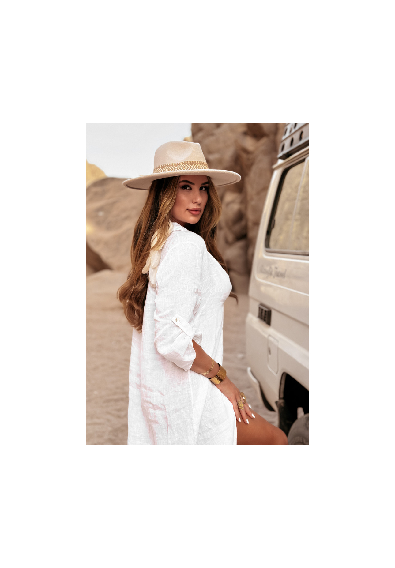 Leinen Hemdkleid mit Tasche Palm Tree Weiß