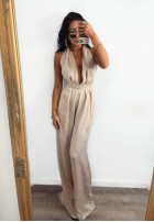 Długi satynowy Jumpsuit z rozcięciami La Milla Your Evening Beige