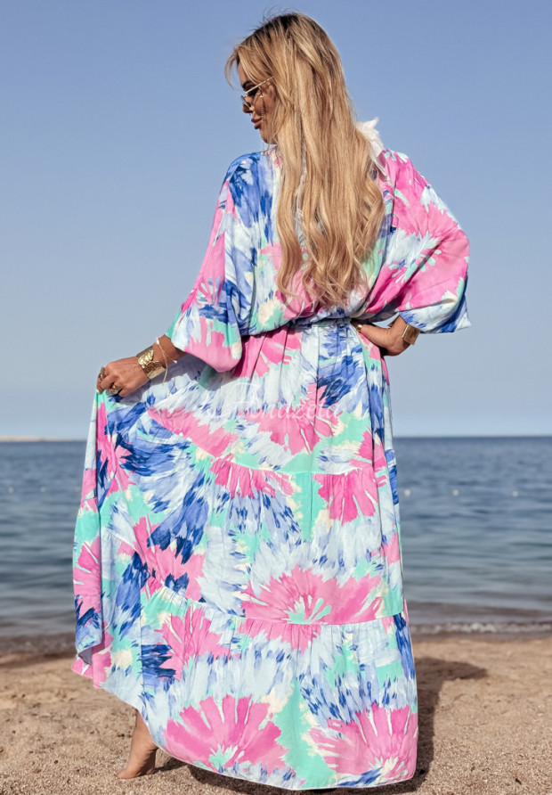 Viskose-Kleid maxi mit Blumenmuster Petal Splash blau-rosa