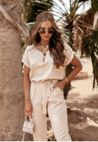 Lniany komplet T-shirt i spodnie Summer In Us beżowy