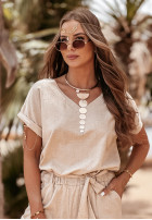 Lniany komplet T-shirt i spodnie Summer In Us beżowy