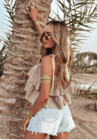 Muślinowy top z falbankami Tropical Treats beżowy