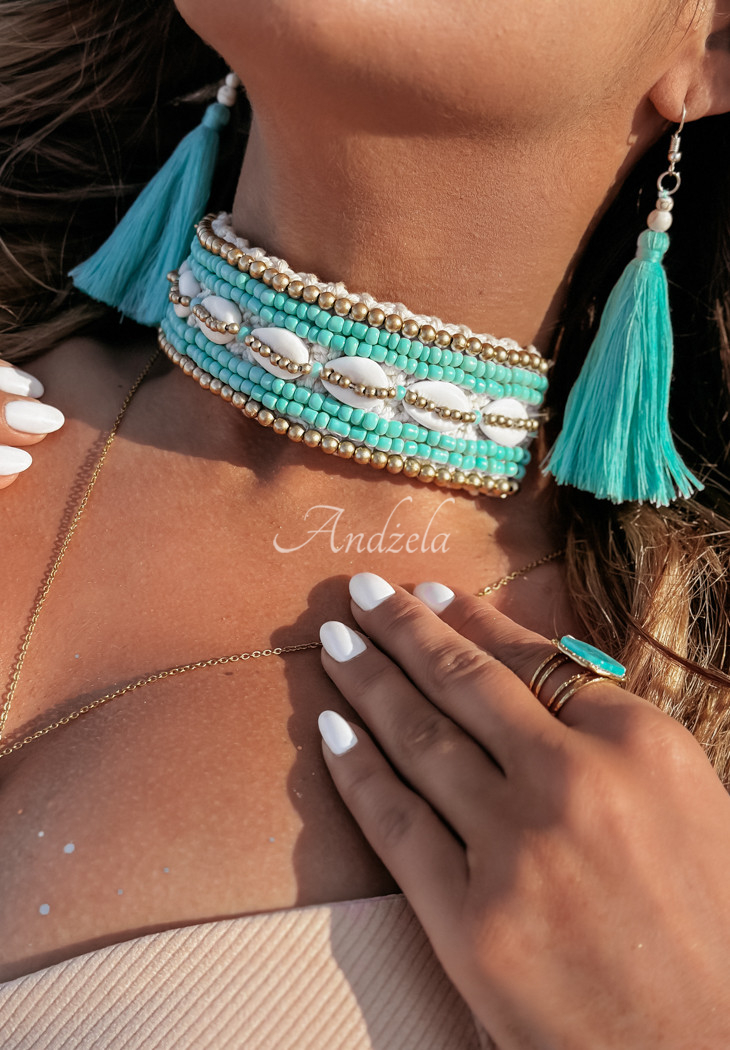 Wide choker, bracelet with shells and beads handmade Bali turquoise