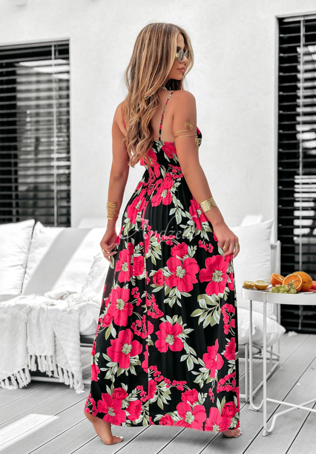 Gemustertes Kleid mit Trägern Oceanic Whispers schwarz-rosa