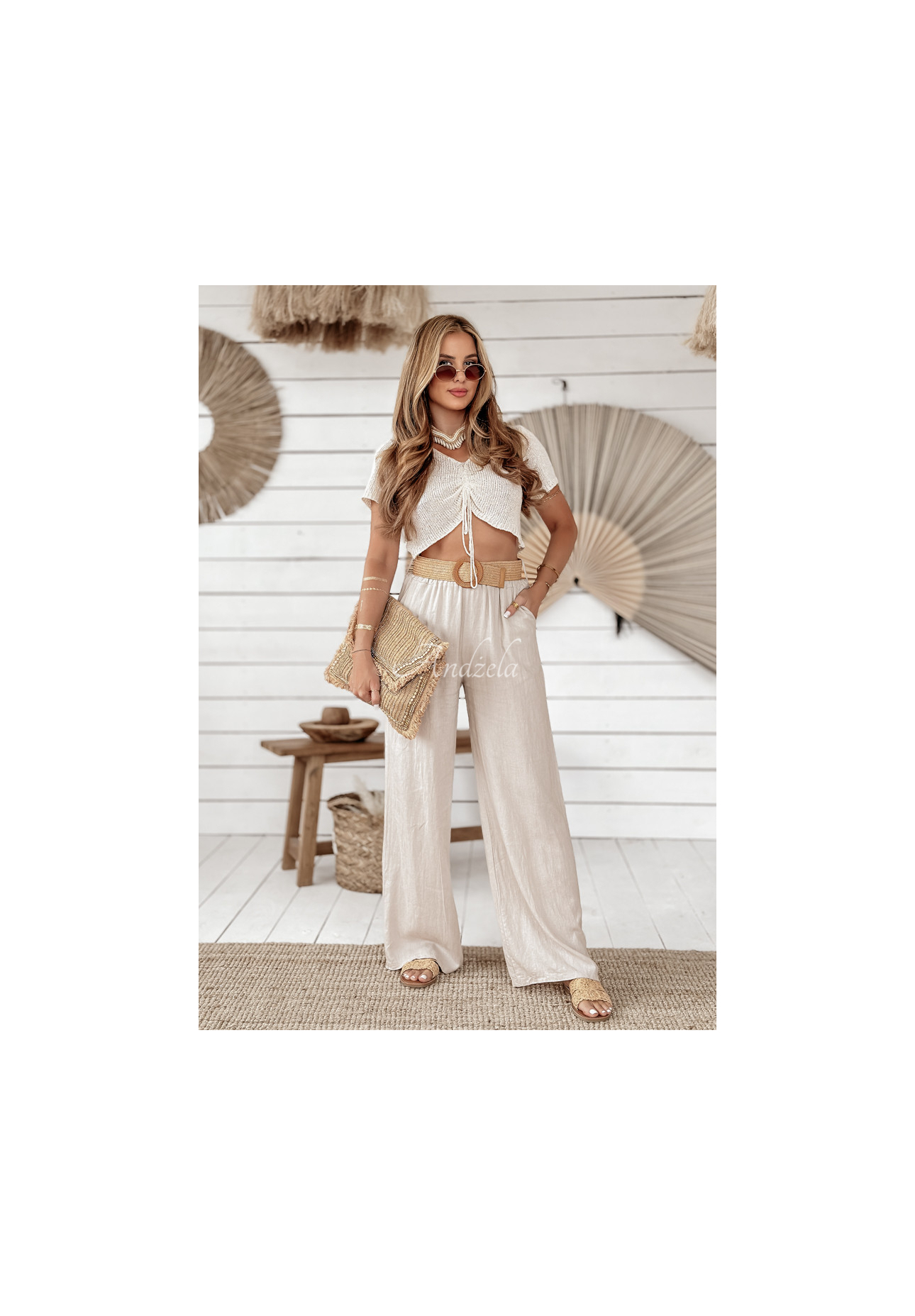 Weite Leinenhose mit Gürtel Total Trip Beige