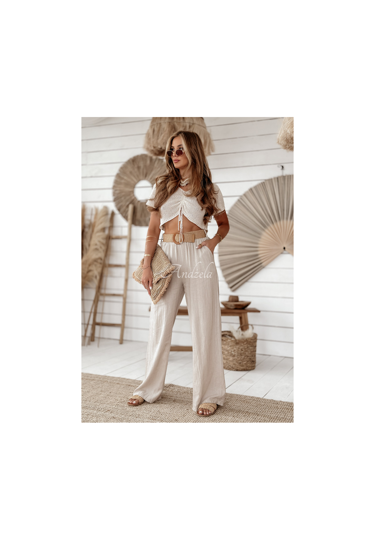 Weite Leinenhose mit Gürtel Total Trip Beige