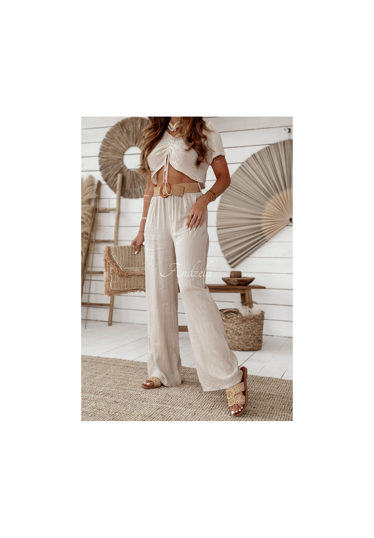 Weite Leinenhose mit Gürtel Total Trip Beige