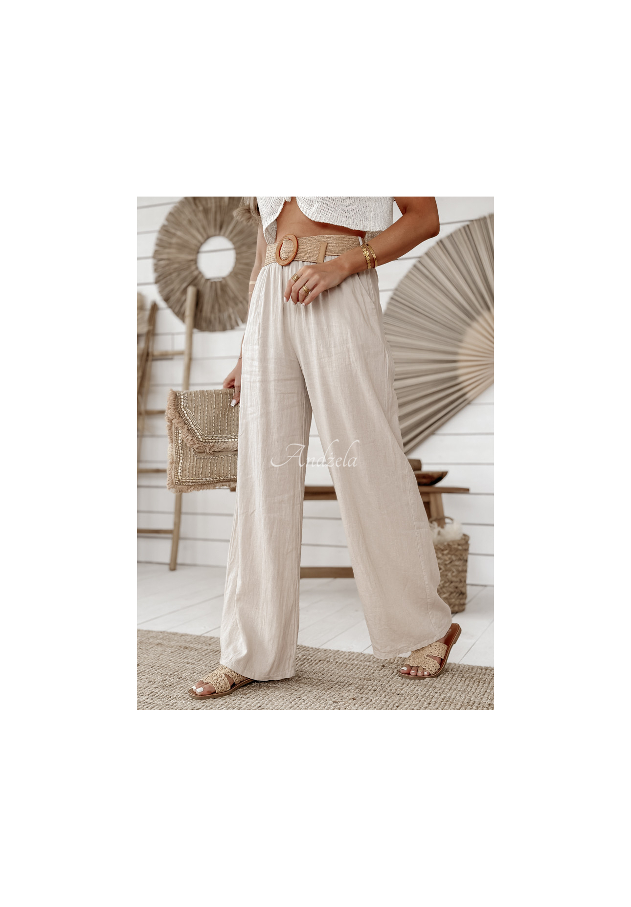Weite Leinenhose mit Gürtel Total Trip Beige