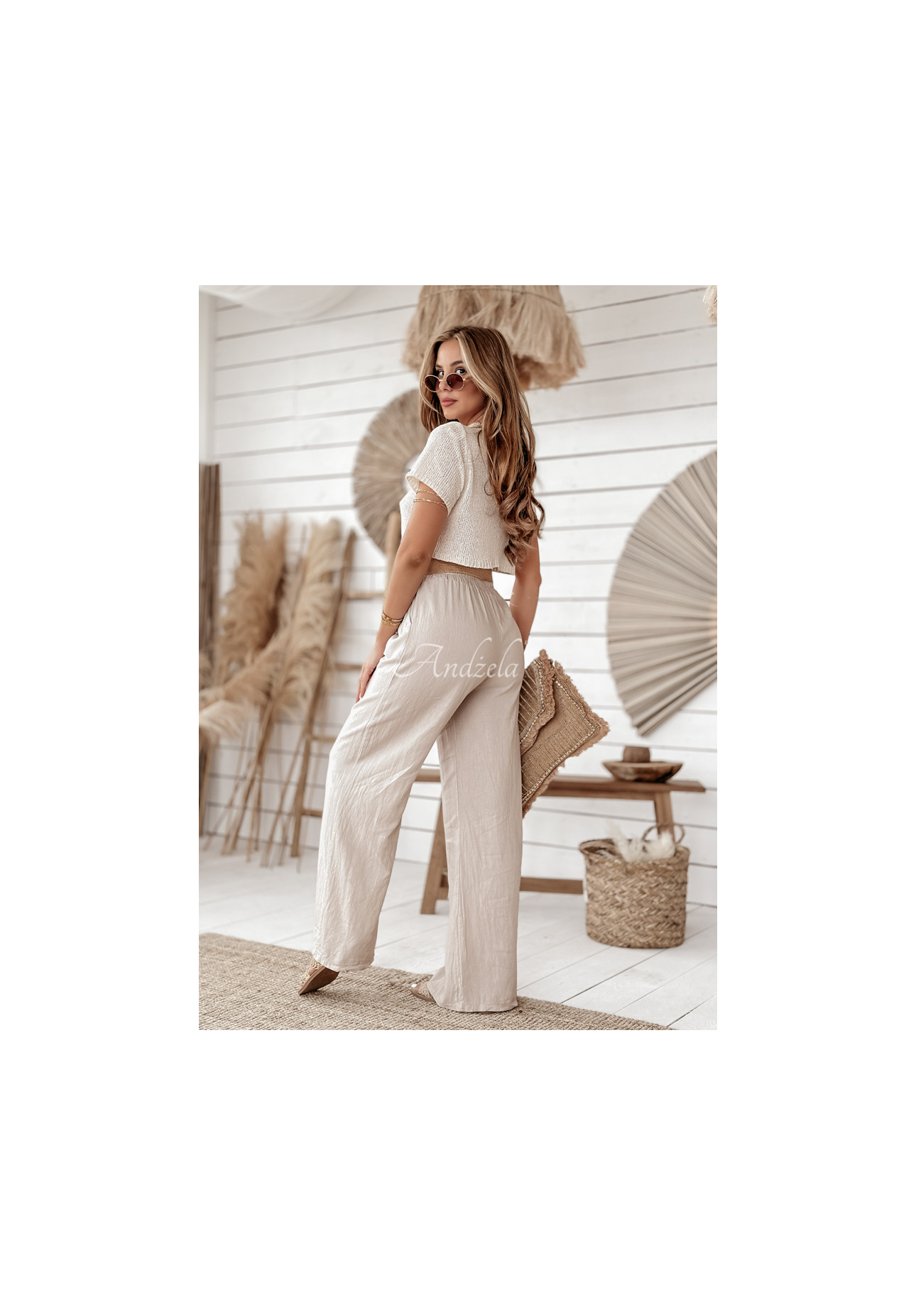 Weite Leinenhose mit Gürtel Total Trip Beige