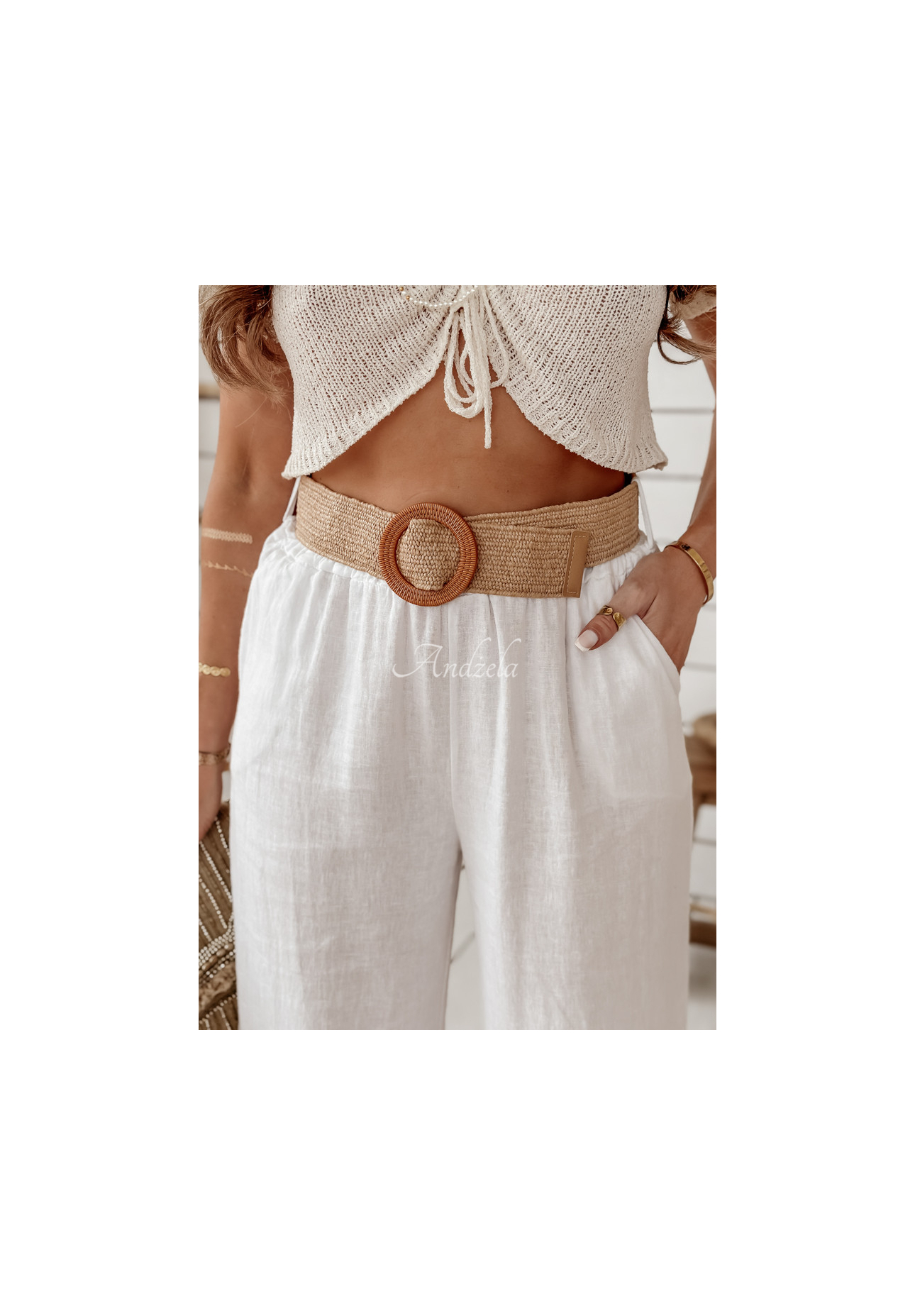 Weite Leinenhose mit Gürtel Total Trip Weiß