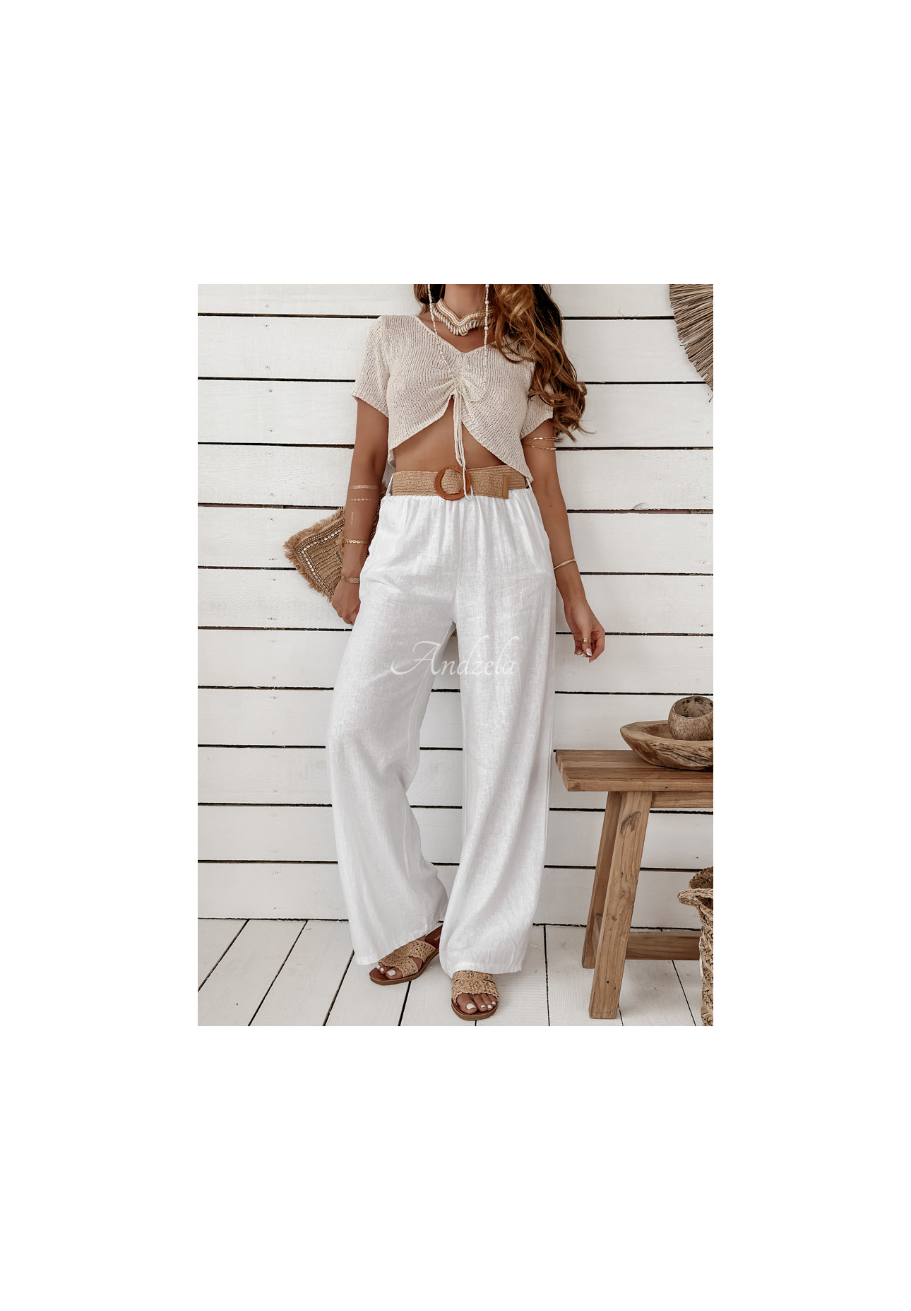 Weite Leinenhose mit Gürtel Total Trip Weiß