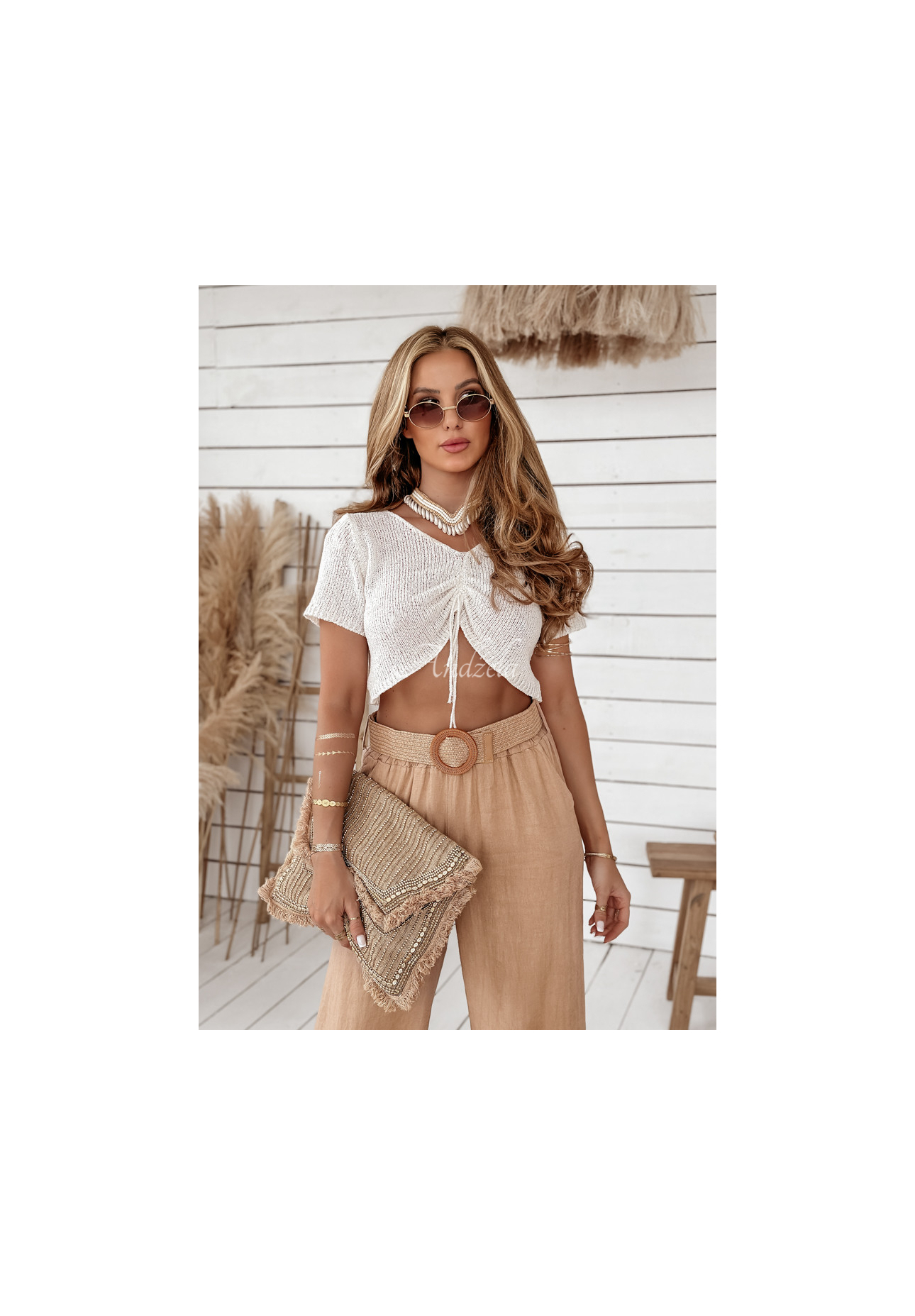 Weite Leinenhose mit Gürtel Total Trip Camel