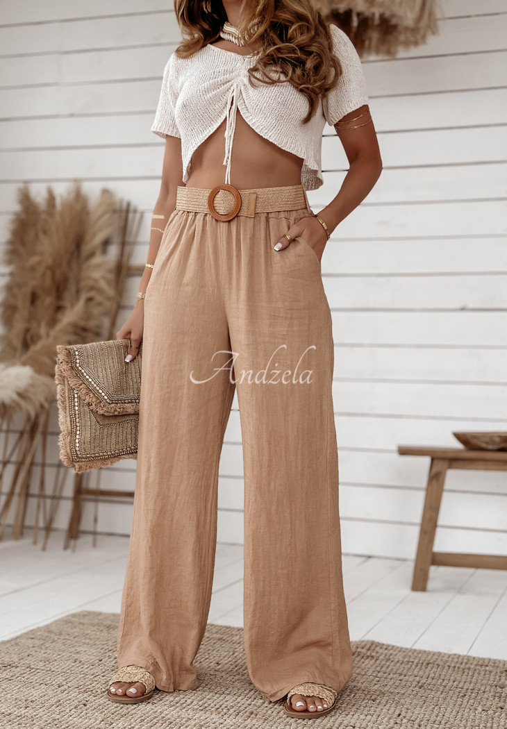 Linen wide leg pants with belt Total Trip camel