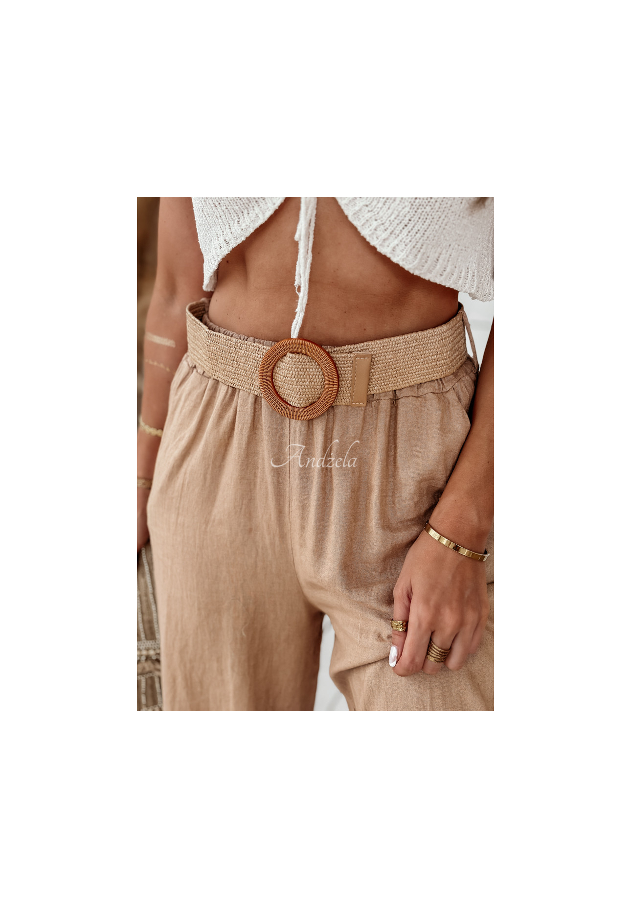 Weite Leinenhose mit Gürtel Total Trip Camel