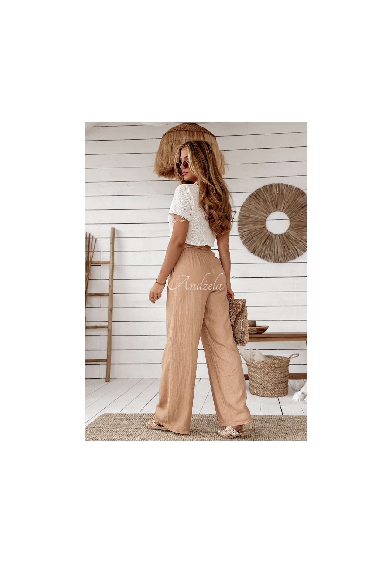 Weite Leinenhose mit Gürtel Total Trip Camel