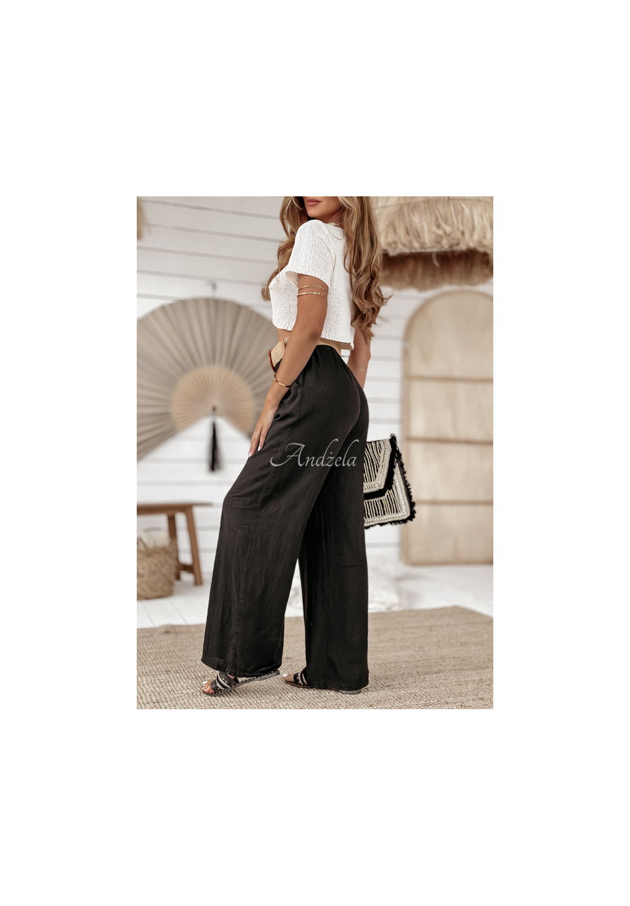 Weite Leinenhose mit Gürtel Total Trip Schwarz