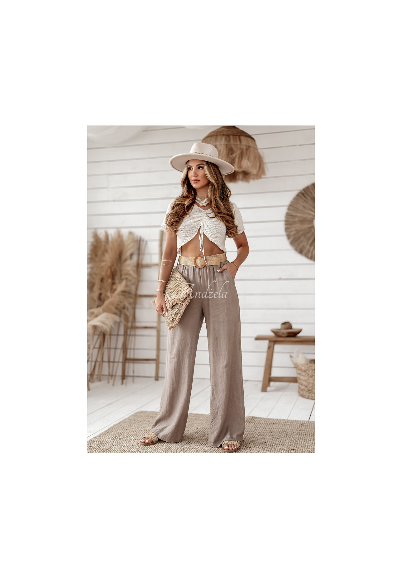 Weite Leinenhose mit Gürtel Total Trip Mokkafarben