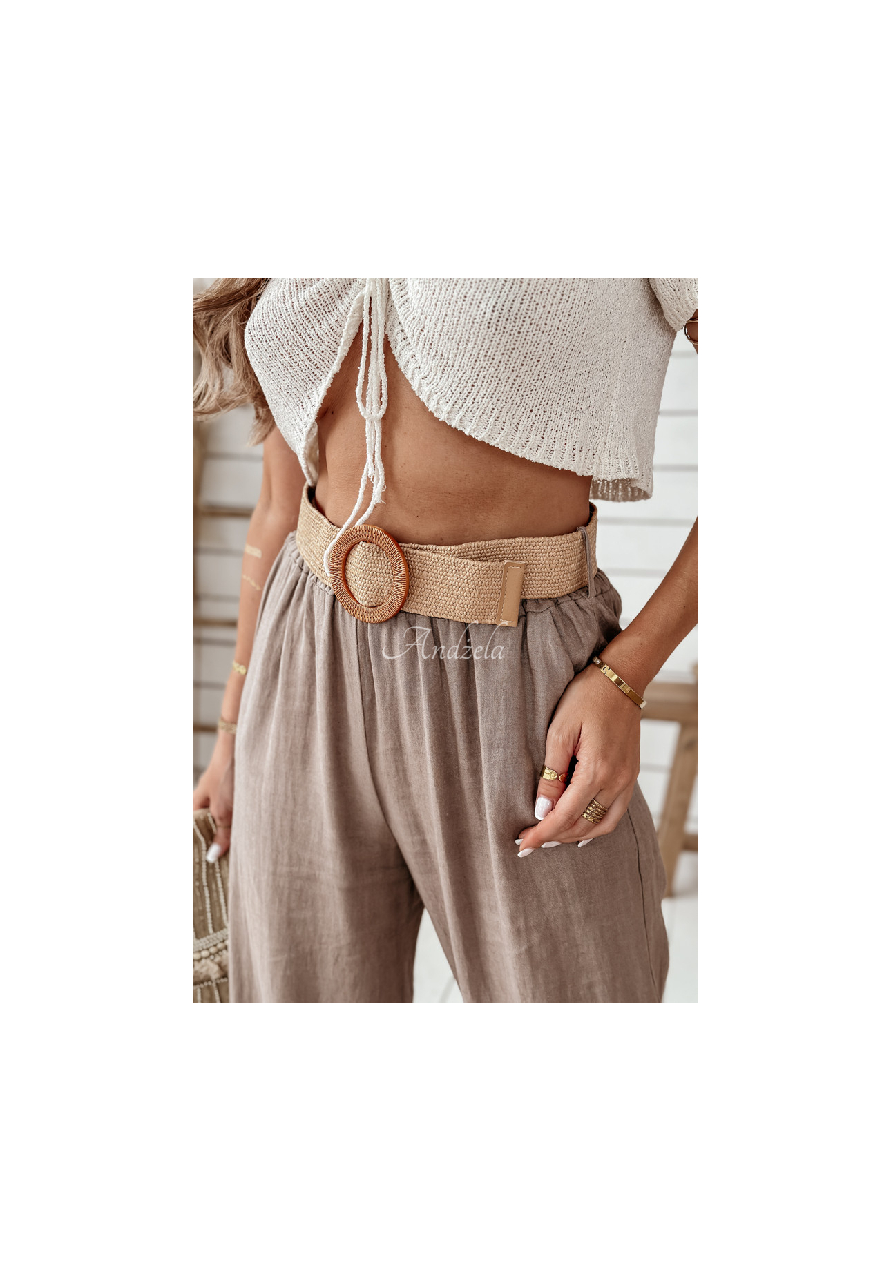 Weite Leinenhose mit Gürtel Total Trip Mokkafarben