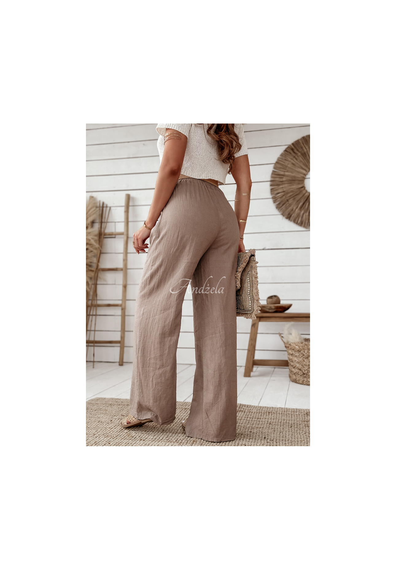 Weite Leinenhose mit Gürtel Total Trip Mokkafarben