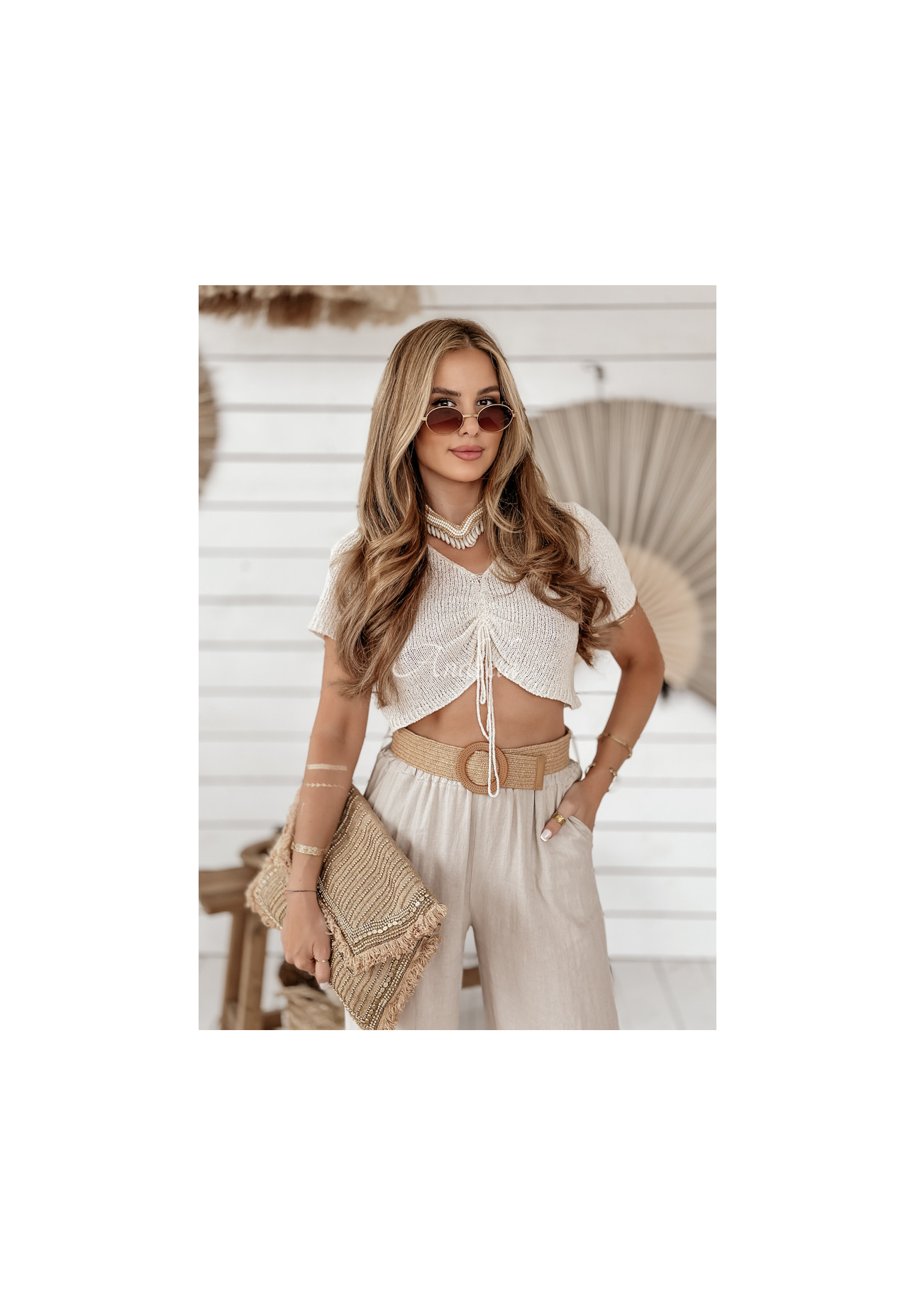 Weite Leinenhose mit Gürtel Total Trip Beige