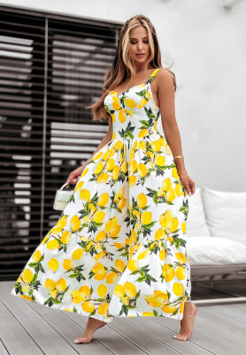 Maxikleid mit Trägern mit Zitronenprint Sour Summer weiß-gelb