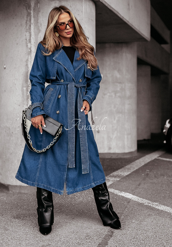 Langer Denim-Trenchcoat First Cold Day Hellblau - Andżela Online Shop