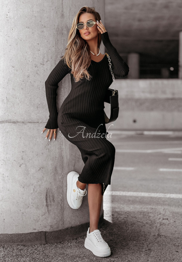 Geripptes midikleid schwarz Clearance