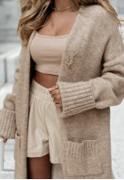 Długi Cardigan oversize z kieszeniami Marbelio Beige