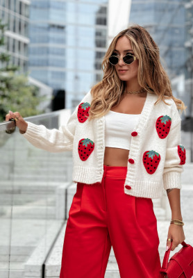 Kurze Strickjacke mit Erdbeeren Strawberry Ecru