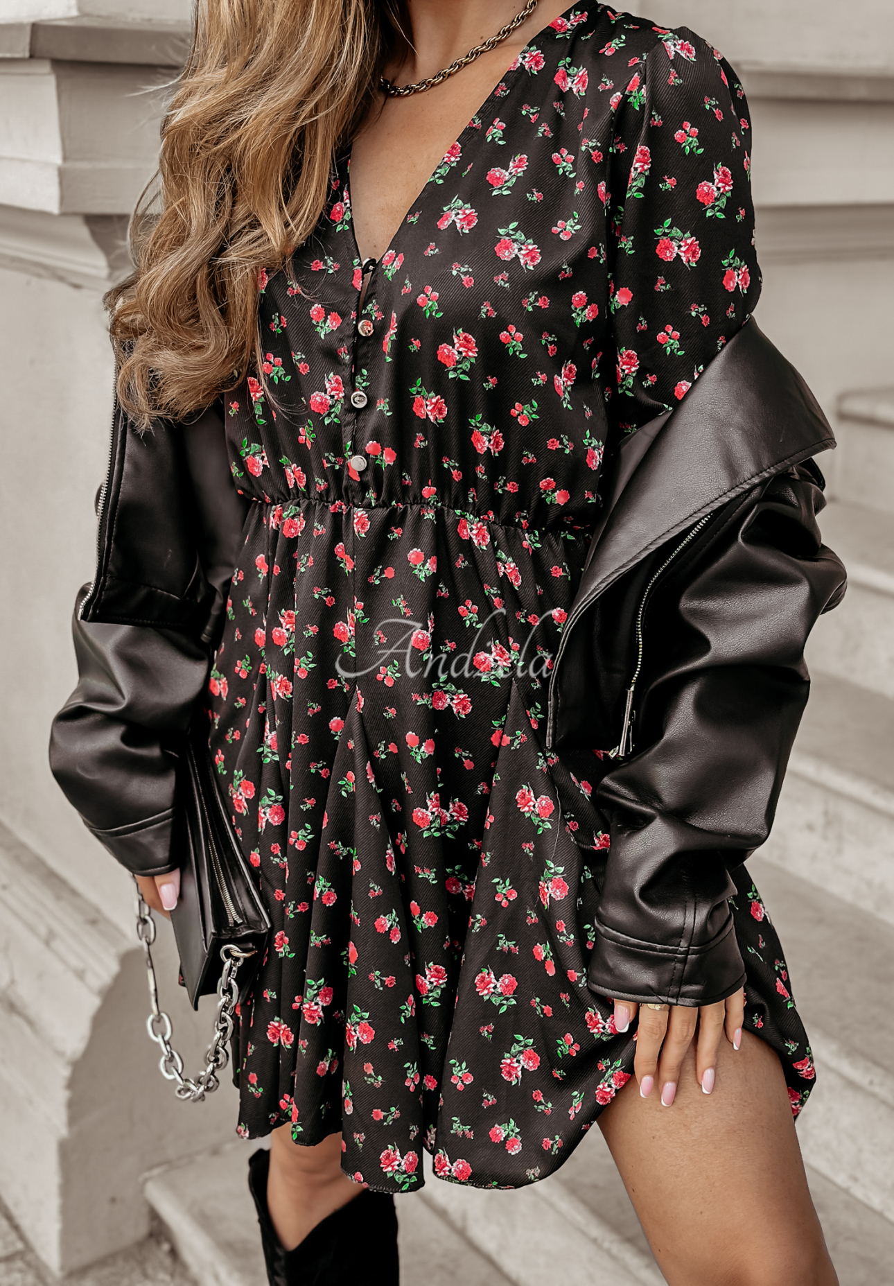 Minikleid mit Blumenmuster Mirabilis schwarz-rosa