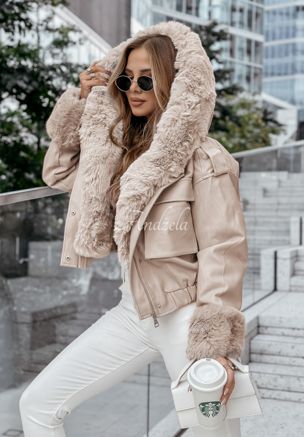 Kurze Lederjacke mit Fellimitat Feeling October Beige