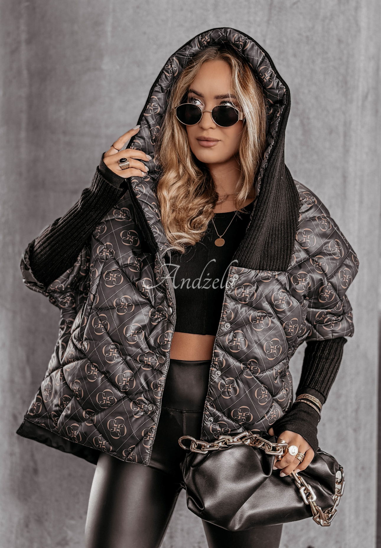 Gemusterte Oversize-Kapuzenjacke Sancha Schwarz