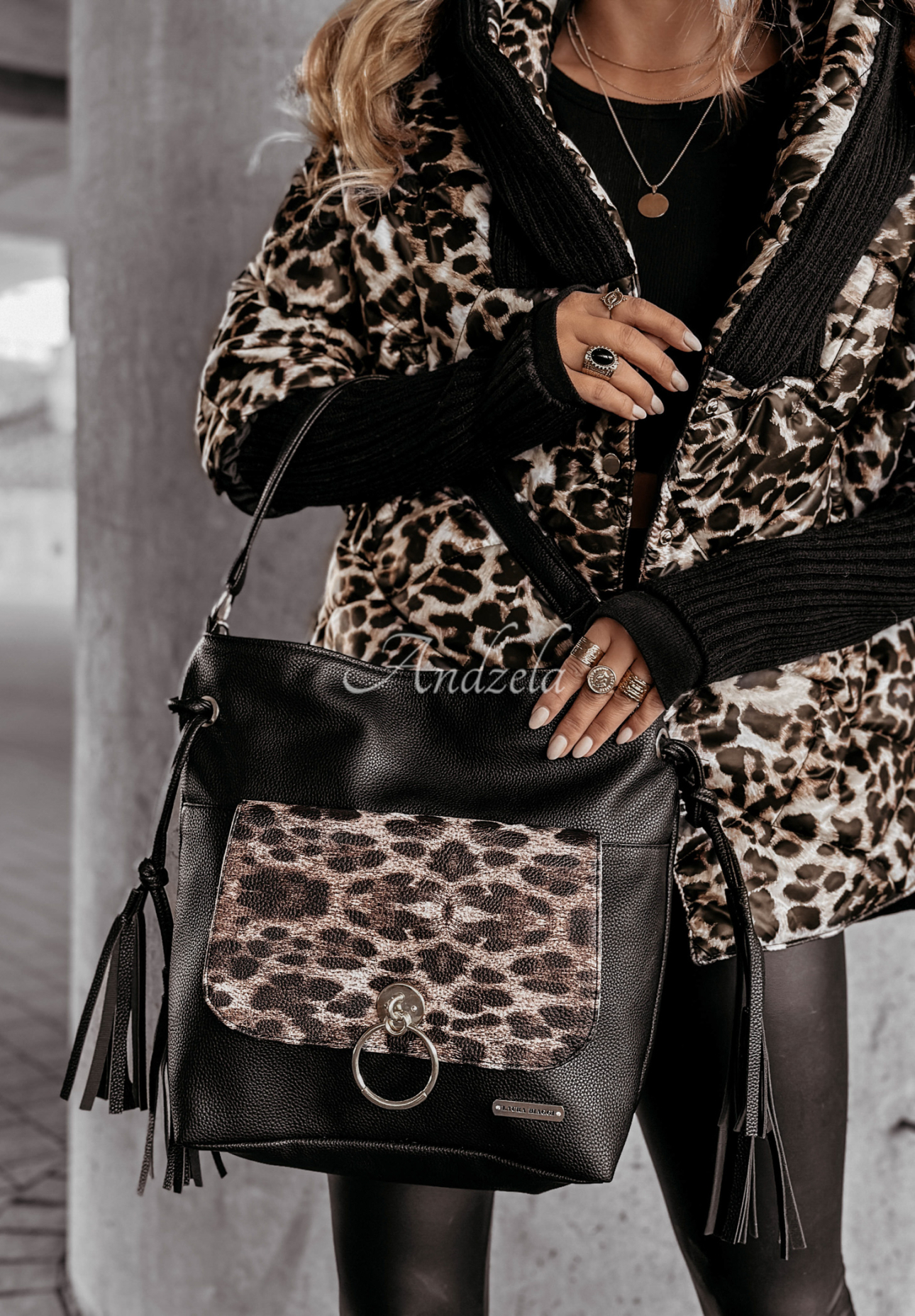 Tasche mit Leopardenmuster und Fransen So Darling Schwarz