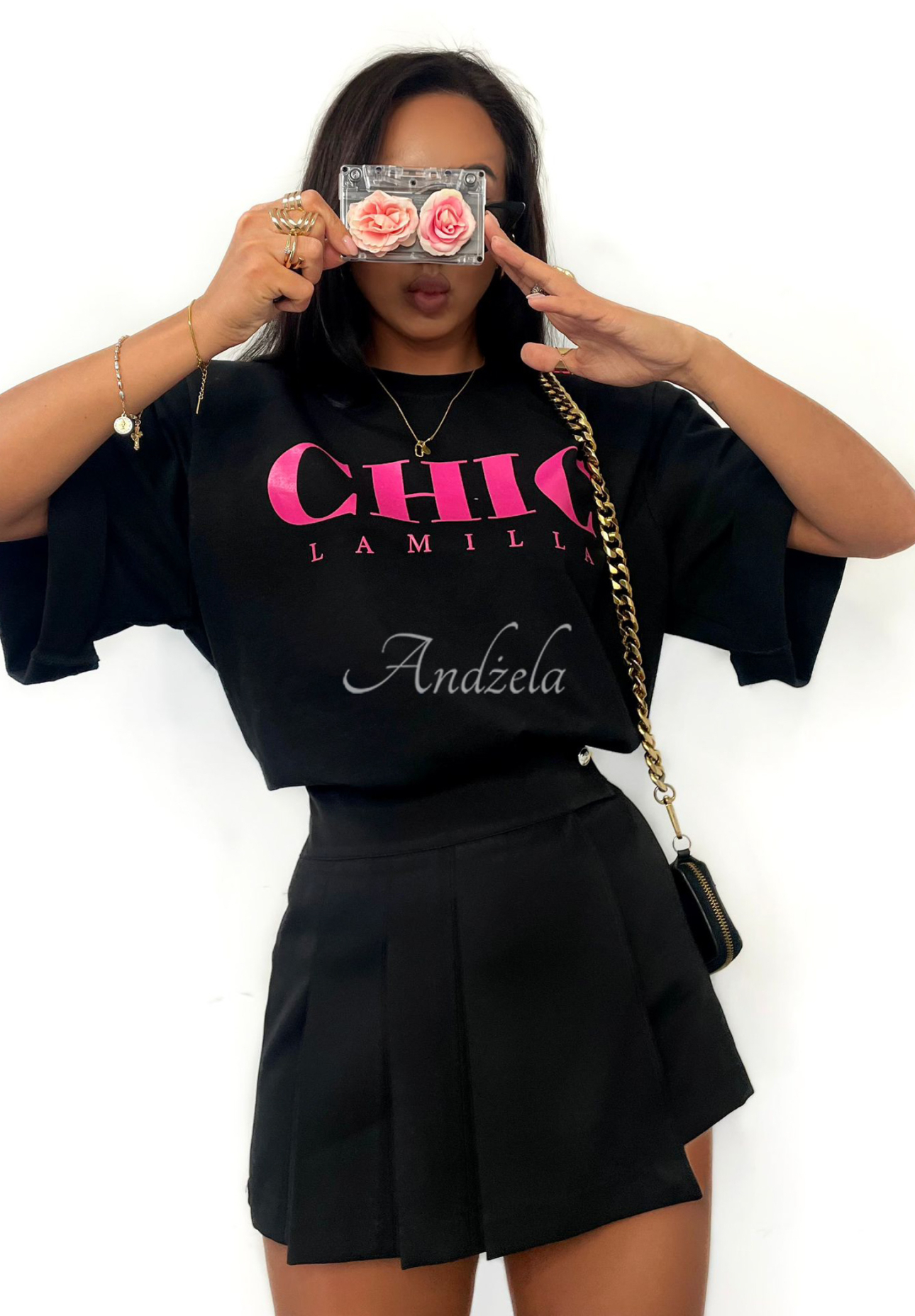 T-Shirt mit Print La Milla Chic Schwarz-Rosa