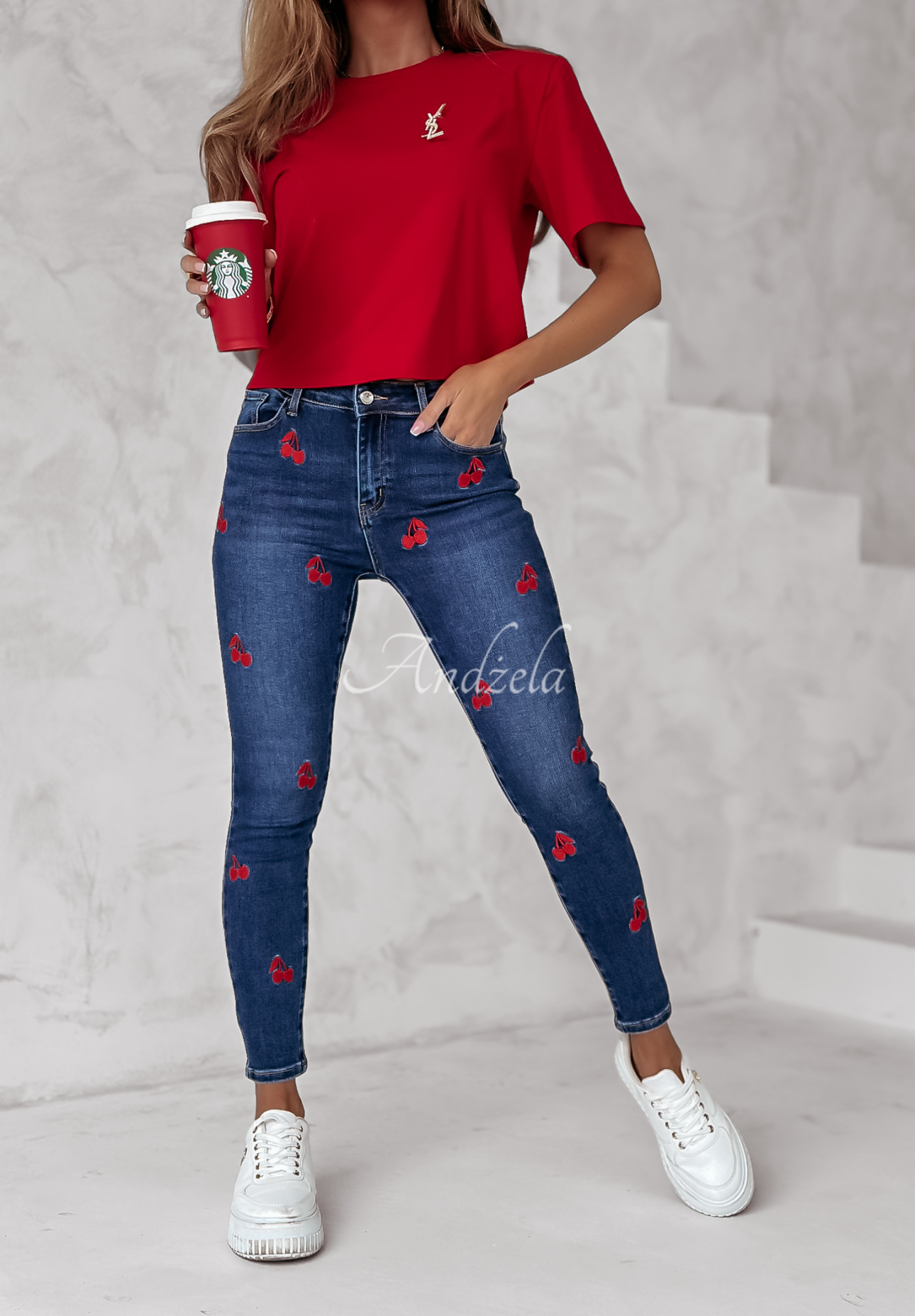 Jeans mit Kirschenmuster Be My Cherry dunkelblau