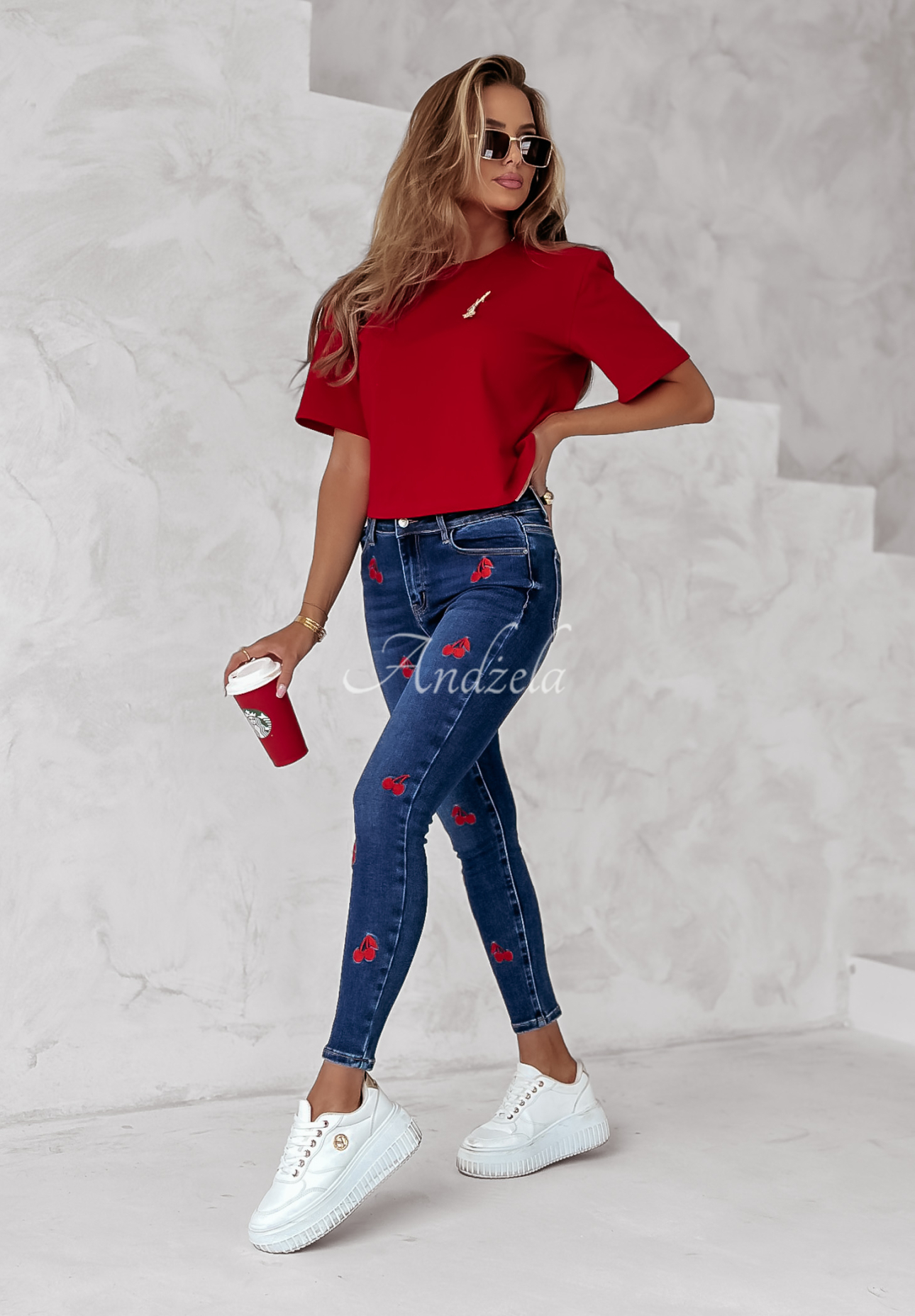 Jeans mit Kirschenmuster Be My Cherry dunkelblau