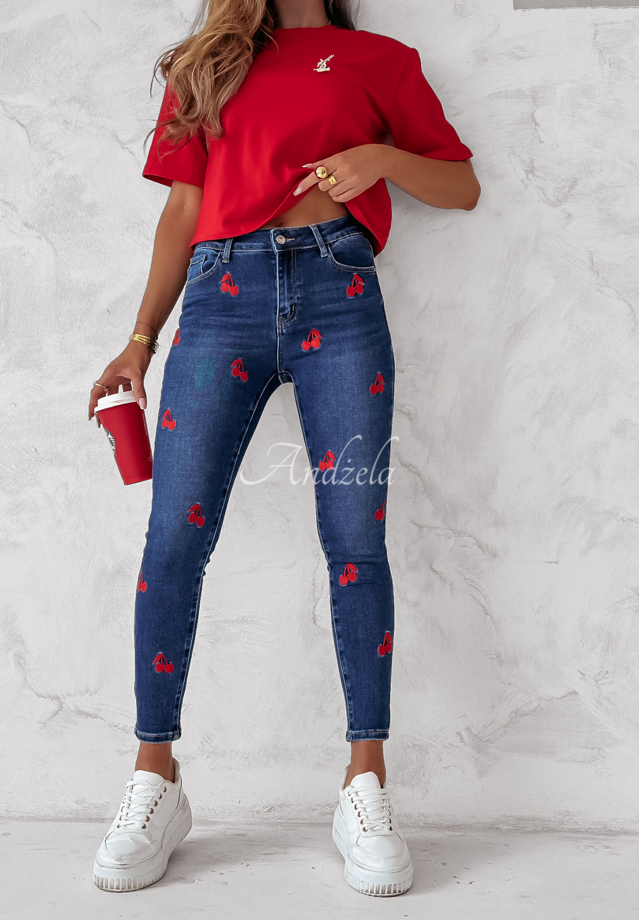 Jeans mit Kirschenmuster Be My Cherry dunkelblau