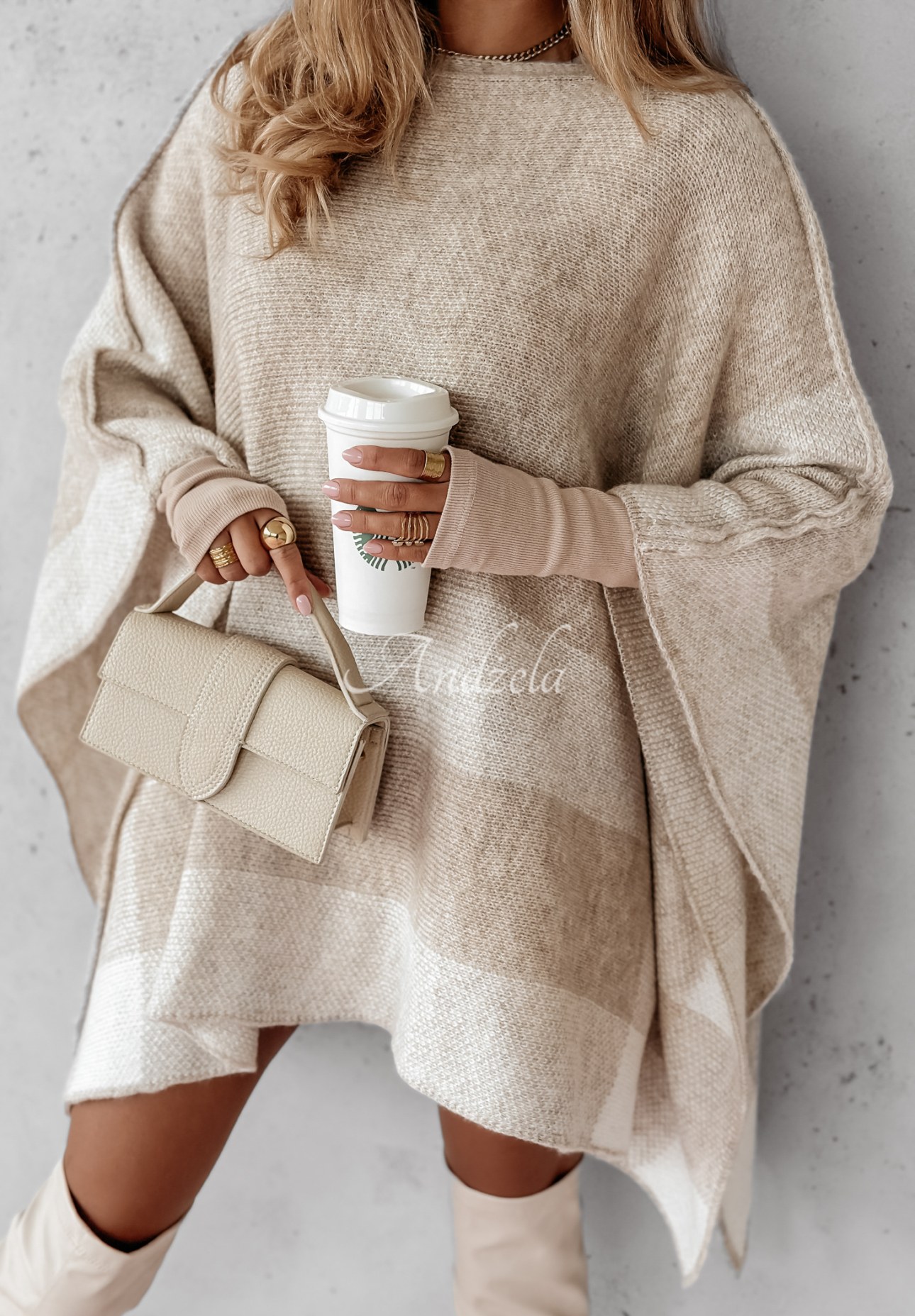 Karierter Poncho-Pullover We Go Together Beige