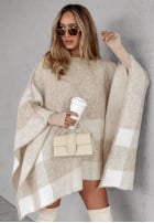 Pullover ponczo w kratę We Go Together Beige