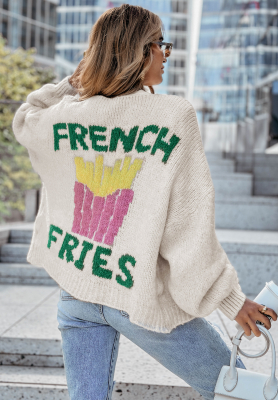 Strickjacke mit Aufschrift French Fries hellbeige