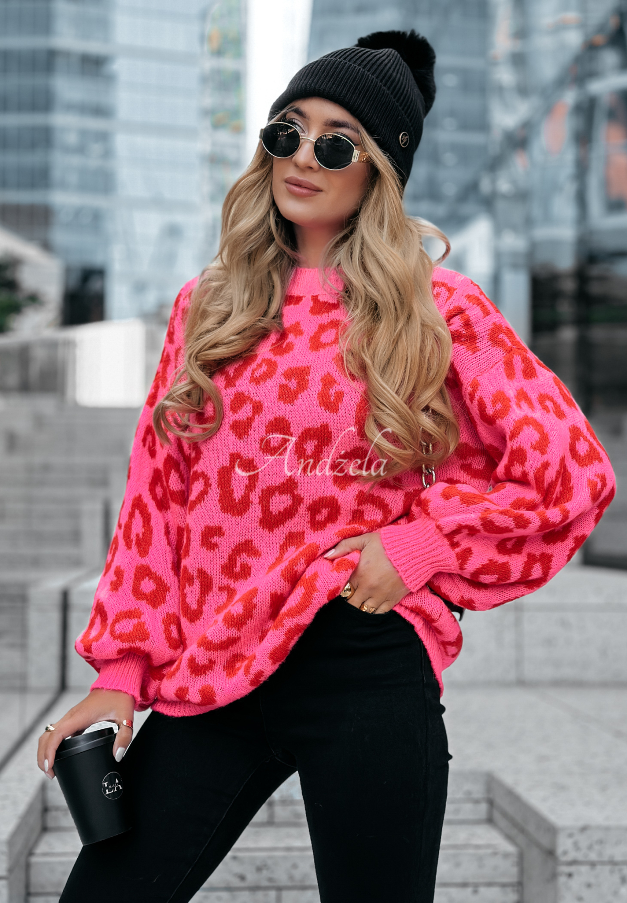 Pullover mit Leopardenmuster Girly Chic rosa-rot