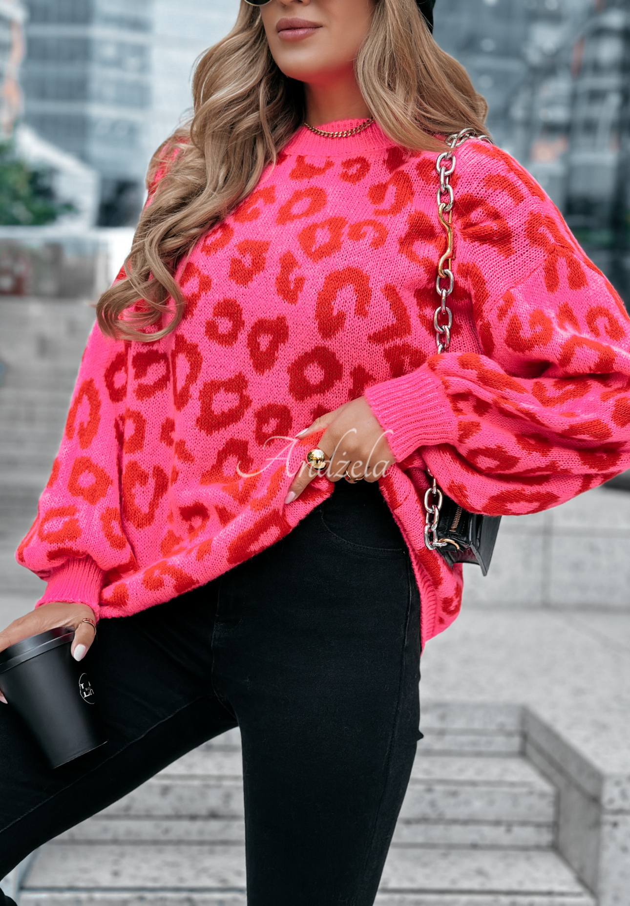 Pullover mit Leopardenmuster Girly Chic rosa-rot