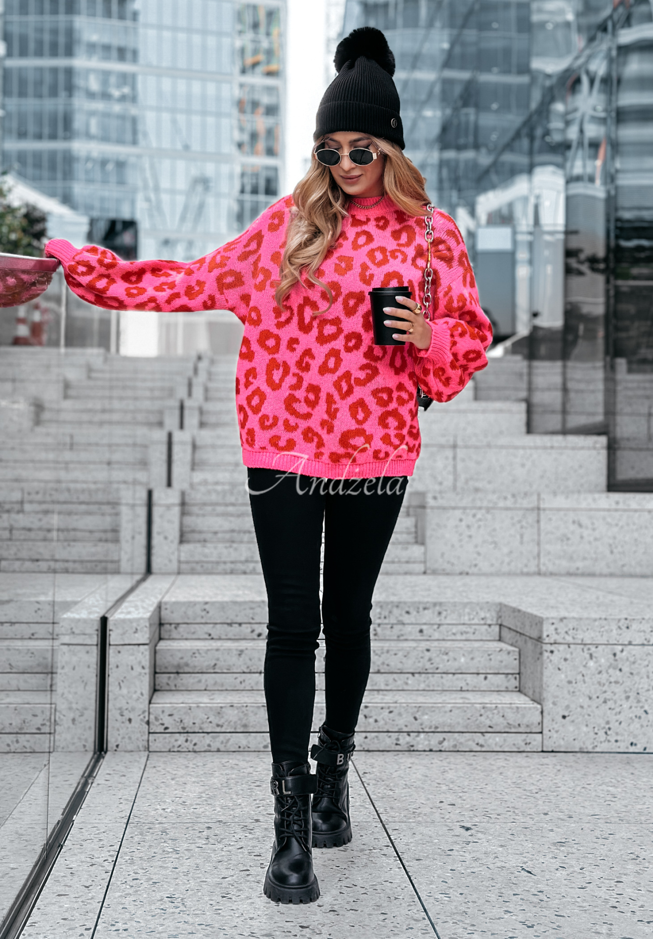 Pullover mit Leopardenmuster Girly Chic rosa-rot