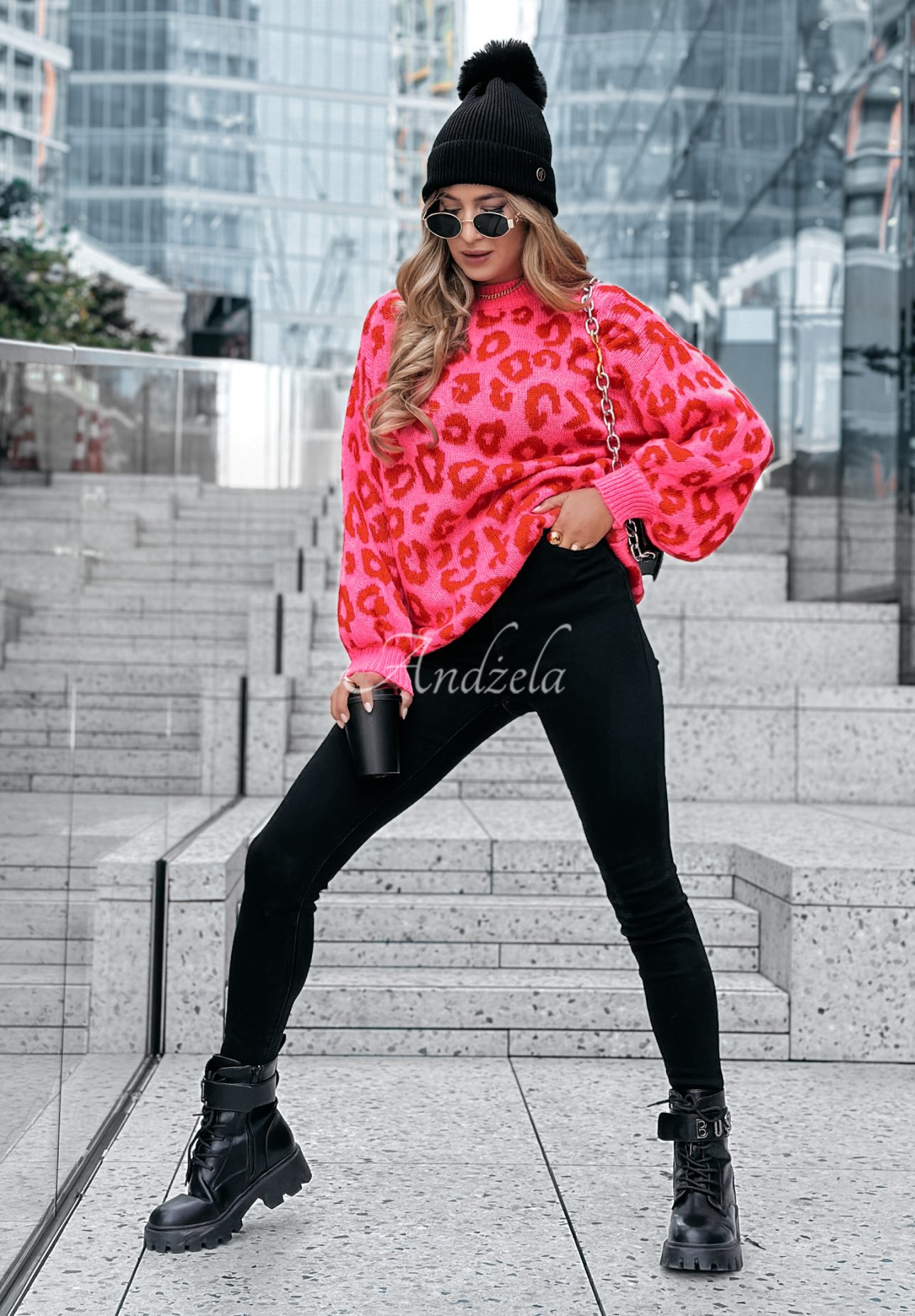 Pullover mit Leopardenmuster Girly Chic rosa-rot