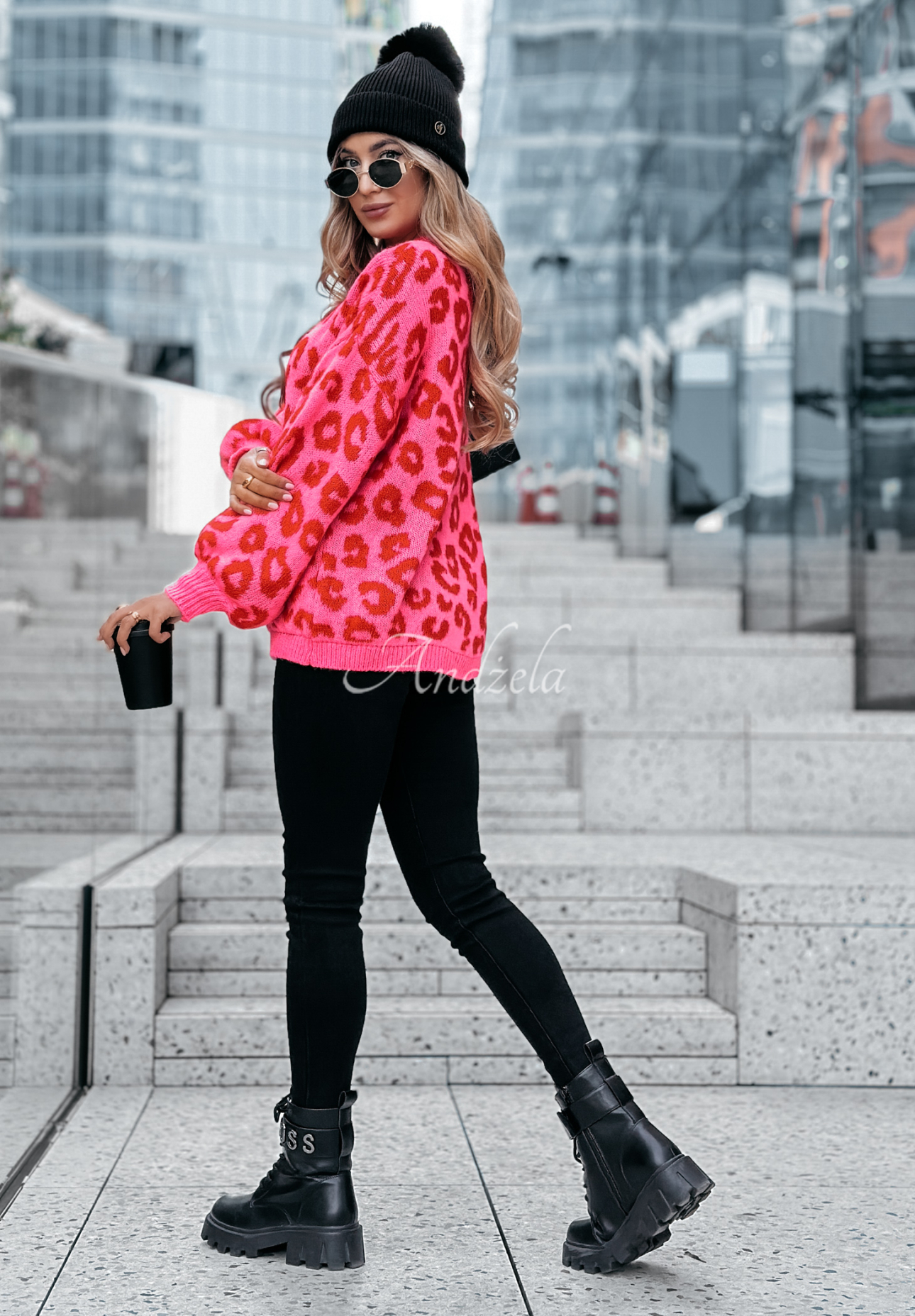 Pullover mit Leopardenmuster Girly Chic rosa-rot